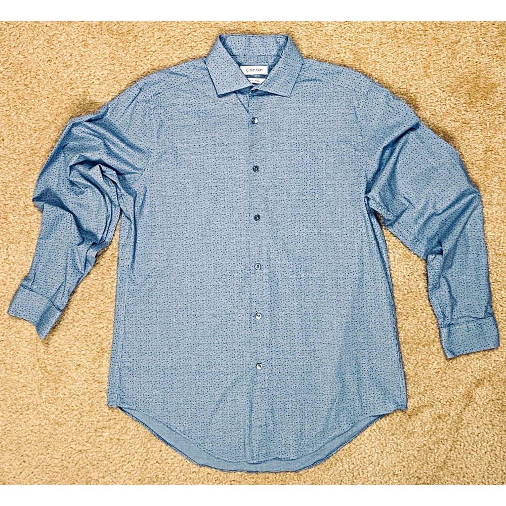 Calvin Klein Mens Slim Fit Stretch Dress Shirt Blue Geometric 15.5 32/33
